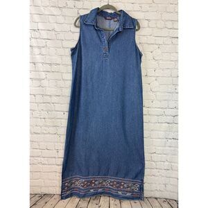 Vintage Agapo Sleeveless Denim Maxi Dress Southwest Tribal Embroidery Size XL